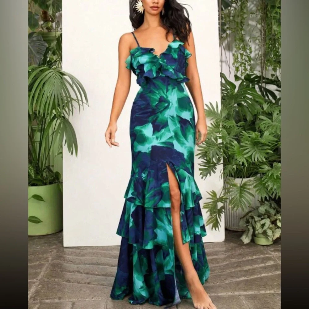Green Floral Ruffle Mermaid Maxi Dress - Women's